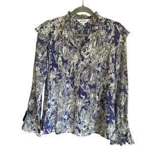 Brora Button Down Ruffle Sleeve Blouse Purple Cotton and Metallic Sz 10